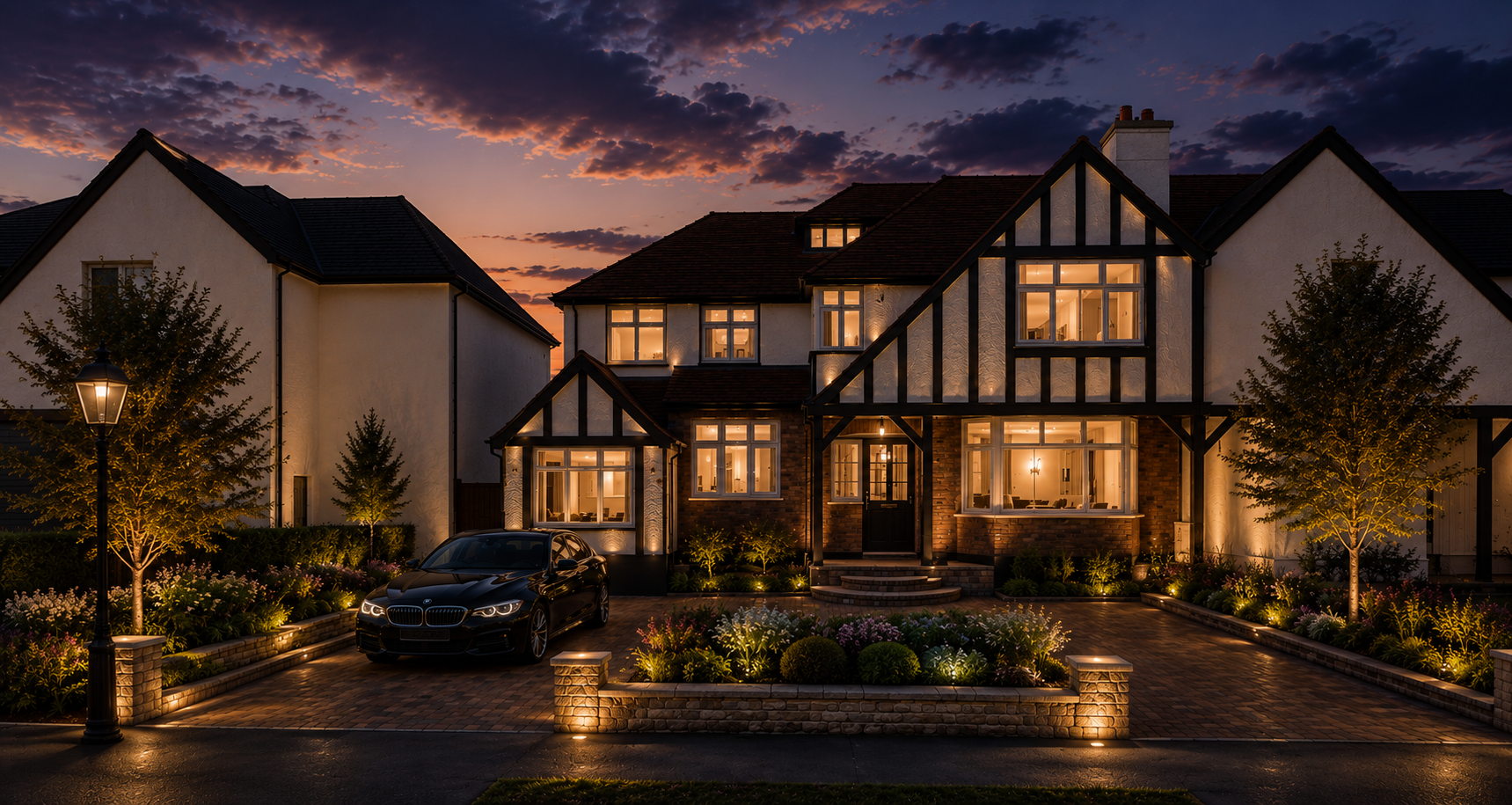 A Tudor-style residential home illuminated at dusk